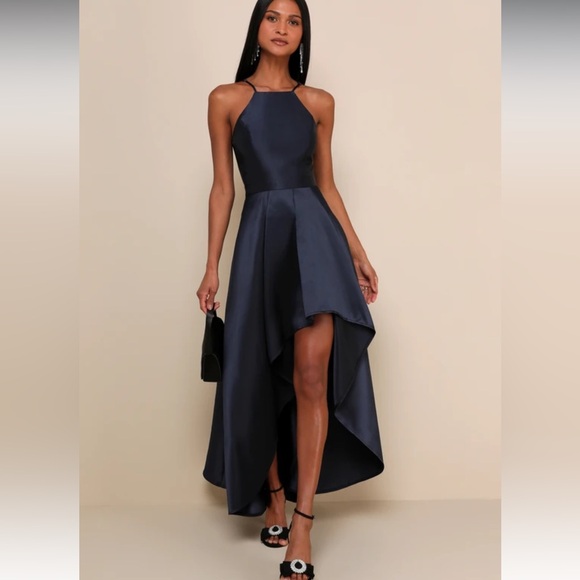 Lulus NavyBlue Broadway Show High-Low MidWeight Taffeta Construction Gown NWOT M - Picture 3 of 16